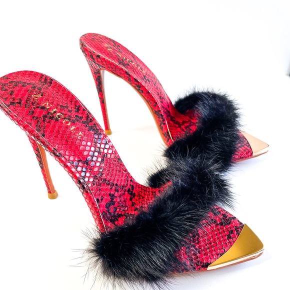 Mink fur red & black mule shoes 🔥🔥🔥 - Picture 3 of 6